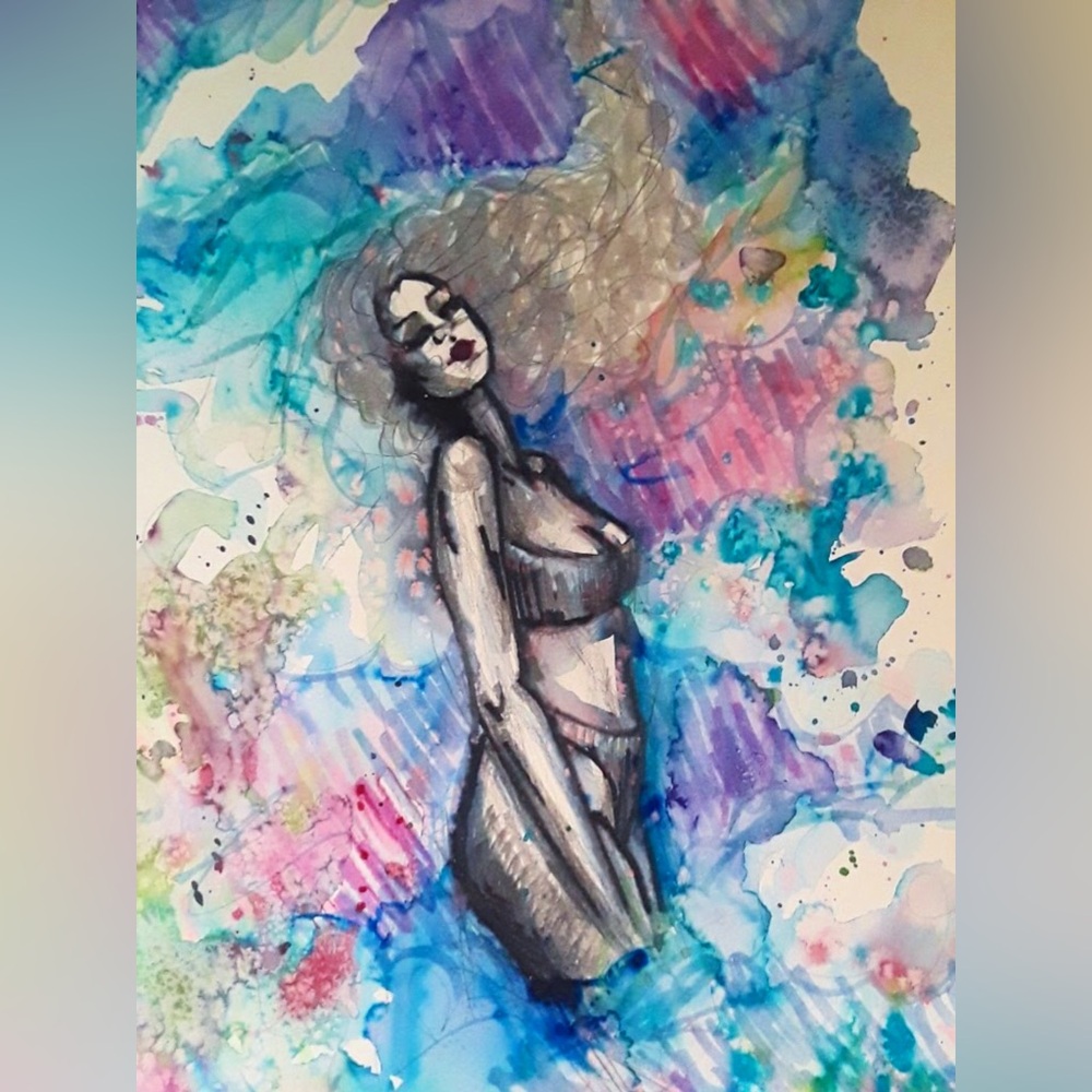 Abstract Watercolor Figure Painting - Woman in Blue and Pink